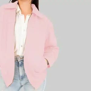 แจ็คเก็ตบอมเบอร์หนังแท้สีชมพูสำหรับผู้หญิง ทรงโอเวอร์ไซส์ ปิดด้วยซิป เคลือบผิวทันสมัย ทรงหลวม สไตล์สตรีทแวร์ - Product Image 2