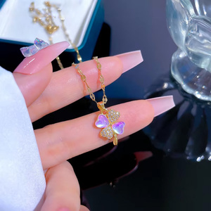 Collar con Colgante de Trébol de Acero Inoxidable de Joyería de Moda DAIHE, Collar de Cristal con Trébol de la Suerte para Mujer - Product Image 6