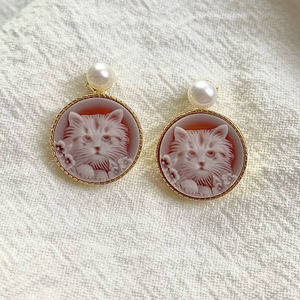 Nouvelles boucles d'oreilles <span class=keywords><strong>camée</strong></span> chat sculptées à la main en pierres précieuses naturelles à la mode de 15mm pour cadeaux - Product Image 3