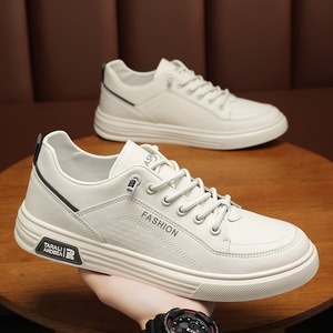 Men's Summer Casual All-Match White <b>Sneakers</b> Breathable Low-Top <b>Leather</b> Shoes Lace-Up Closure Solid Trendy Design Soft Mesh - Product Image 4