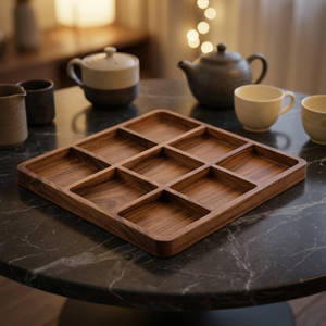 Bandeja de Servir de Madera de Acacia Hecha a Mano con Borde Festoneado y 9 Compartimentos, Organizador Cuadrado Grande para Mesa - Product Image 3