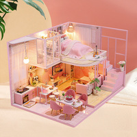 Sujetalibros de madera hecho a mano al por mayor, casa de muñecas moderna rosa estilo loft con LED, regalo romántico y artesanal para cumpleaños de niña