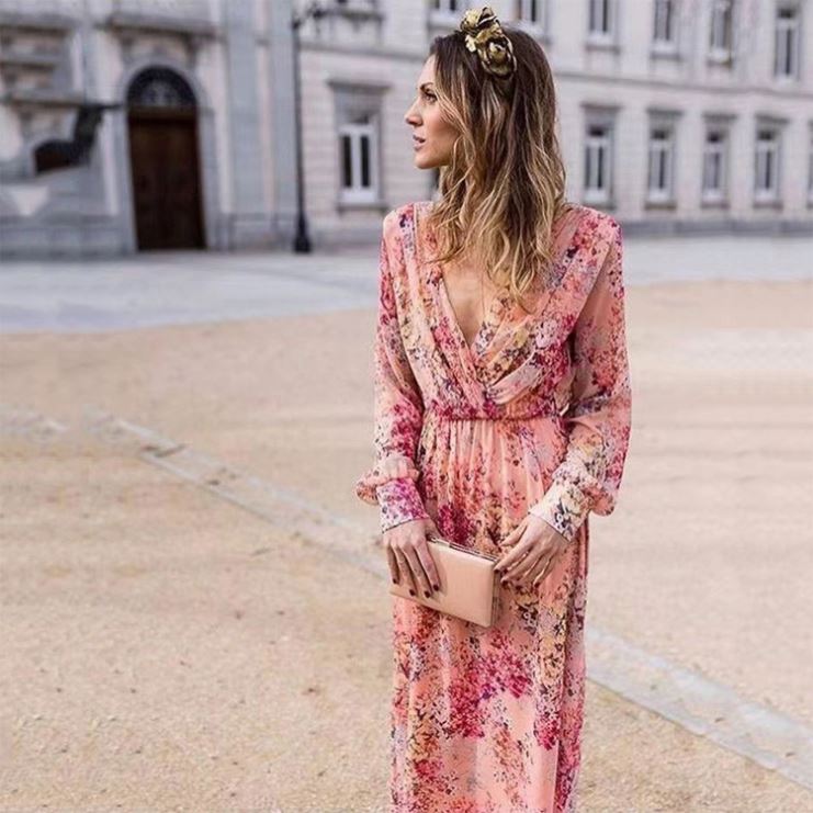 Buy Long Sleeve Chiffon Maxi Wrap Dress Boho Style & Loose Fit
