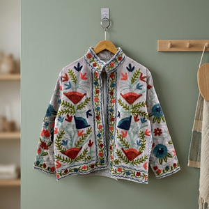Chaqueta de Terciopelo Beige Taupe para Mujer, Estilo Suzani, Bordada a Mano con Diseño Floral, Chaqueta Corta con Forro a Rayas para Invierno, Venta al Por Mayor OEM - Product Image 6