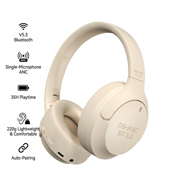 OEM Custom Logo D5 ANC Bluetooth 5.4 Wireless Headphones Active Noise Cancelling 35H Playtime Over Ear Headset Factory