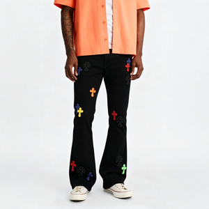 Jean en denim évasé vintage multicolore élégant avec patchs décoratifs et poches latérales pratiques pour le style streetwear et le hip-hop au quotidien - Product Image 3