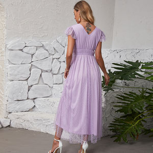 Vestido de malla de encaje de lunares en la cintura de manga corta con cuello en V y mangas voladoras pequeñas elegante fiesta de dama de honor vestido de noche de Graduación - Product Image 5