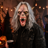 Masque en latex de monstre loup-garou effrayant, tête entière, visage de bête d'horreur avec cheveux gris, yeux jaunes, crocs pour Halloween, cosplay, accessoires de fête
