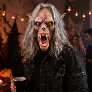 Masque en latex de monstre <span class=keywords><strong>loup</strong></span>-<span class=keywords><strong>garou</strong></span> effrayant, tête entière, visage de bête d'horreur avec cheveux gris, yeux jaunes, crocs pour Halloween, cosplay, accessoires de fête - Product Image 4