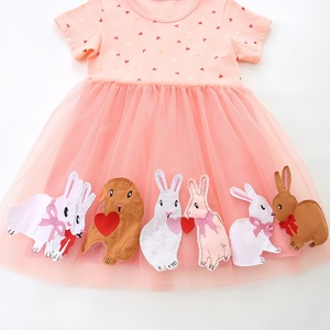 Vestido Formal <span class=keywords><strong>de</strong></span> Verano Ultra Cómodo para Niñas Pequeñas, <span class=keywords><strong>de</strong></span> Algodón, Manga Corta, Estampado <span class=keywords><strong>de</strong></span> Corazones, Aplique <span class=keywords><strong>de</strong></span> Conejito, Tul, para Uso Diario - Product Image 4