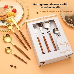 430 in acciaio inox posate Design moderno portoghese manico in legno cucchiaio da tè forchetta Set di stoviglie occidentale scatola regalo - Product Image 1
