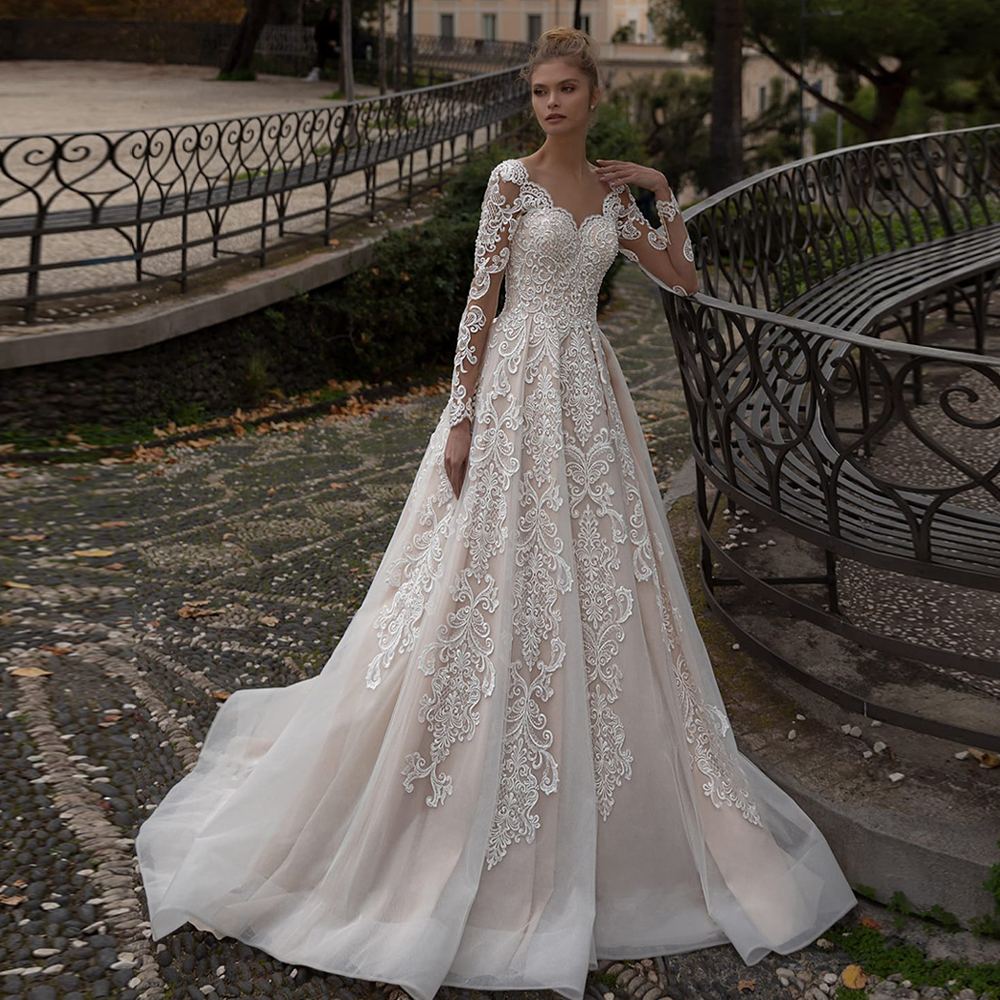 ON445 Modest Champagne Wedding Dress with Long Sleeves