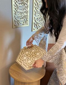 Muslim <b>Party</b> Decoration Gift Gold Ramadan & Eid Islamic Pattern Wooden <b>Sweets</b> Tray With Acrylic - Product Image 3