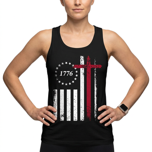 Men's <b>Black</b> Tank Top 1776 American Flag Cross Print O-Neck Sleeveless Casual Workout <b>Vest</b> Breathable Polyester - Product Image 2