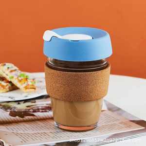 Tasse à café en verre à prix abordable, portable, 340 ml (12 oz), réutilisable, avec couvercle hermétique et manchon en liège - Product Image 3