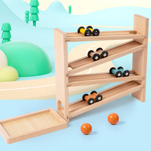 Deux-en-un hêtre bois dessin animé piste toboggan voiture enfants éducation précoce suivi visuel formation jouets éducatifs pour bébés - Product Image 2