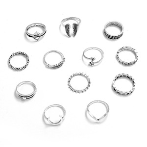 Vintage Alloy <b>Rings</b> Set 12pcs Antique Silver Plated Wings <b>Moon</b> Heart Leaf V Shape Women's Fashion Jewelry Party Accessories - Product Image 5