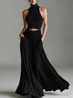 Ensemble élégant et tendance deux pièces coupe ajustée minimaliste : haut court sans manches à col roulé et jupe longue – Idéal pour le quotidien, été et printemps