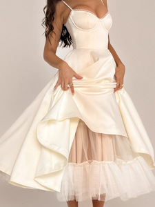 Abiti di lusso in raso Sexy di alta qualità senza maniche Tutu senza schienale abiti da ragazza Casual francese <span class=keywords><strong>abito</strong></span> <span class=keywords><strong>Midi</strong></span> - Product Image 3