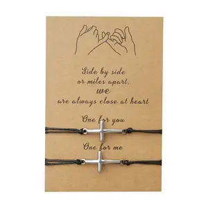 Couple Creative Handmade Wax Thread Woven Card Bracelet With Stainless Steel Cross Bracelet