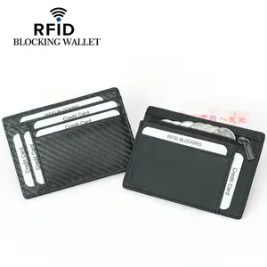 RFID Blocking Top Grain porta carte di credito in pelle di mucca portafoglio con cerniera porta carte di credito in microfibra sottile in fibra di carbonio