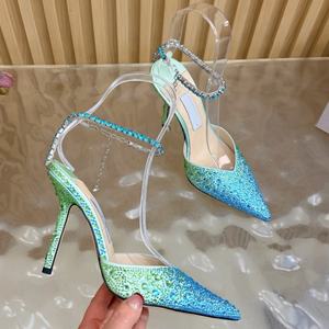 Luxury <b>point</b> <b>toe</b> Gradient blue rhinestone stiletto heels for women summer dress shoes party shoes high heels for ladies - Product Image 4