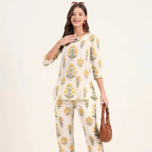 Wholesale Price 3/4 Sleeve Floral Cotton Pajama Set Hand Block Print Sleepwear Women's Nightwear Solid Colour Available - Product Image 1