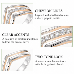 Silver Tone Chevron <b>Ring</b> V Shaped Layered Band with Clear Stone Accent Row Modern <b>Statement</b> Jewelry - Product Image 5