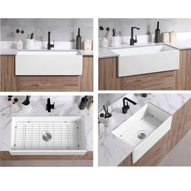 Commercial Custom Deep Drop In European Style White Ceramic Apron Front Sinks Farm House Hidden Handmade Home Use Kitchen Sink