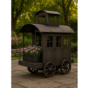 Chariot à fleurs vintage en métal artisanal, chariot de jardin rustique, présentoir floral, décoration de jardin extérieur, patio, maison - Product Image 6