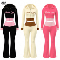 Grosir OEM Custom Bordir Wanita Setelan Olahraga Dua Potong Warna Kontras Hoodie Resleting Celana Sweatpants High Waist Model Flare Setelan Athleisure