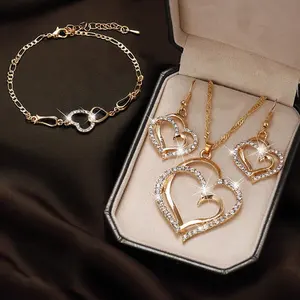 Finetoo Heart Diamond Pendant Necklace Crystal Earring Bracelet Gold and Silver Fashion Wedding Women Necklaces Romantic 6 Set