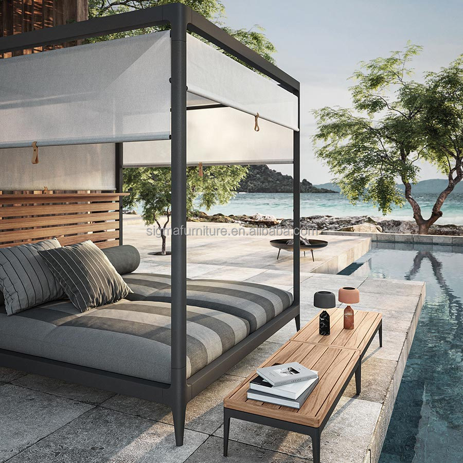 New Arrival Home Hotel Resort Furniture Outdoor Leisure Aluminum Frame All Weather Fabric Daybed Cabana