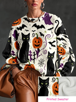 Suéter de punto con cuello redondo y estampado de gato negro, calabaza y fantasma para mujer, con transferencia térmica, personalizado, informal, para uso diario y festivo.