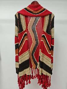Ethnic - Inspired Fringed Knitted <b>Cardigan</b> with Color - Blocked Wavy Patterns in <b>Red</b> - Dominant Tones - Product Image 2