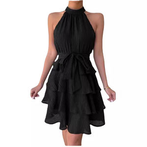 Simple clásico verano estilo sin mangas mujer diseño ropa moderna Mini Falbala elegante vestidos delgados con cinturón - Product Image 4