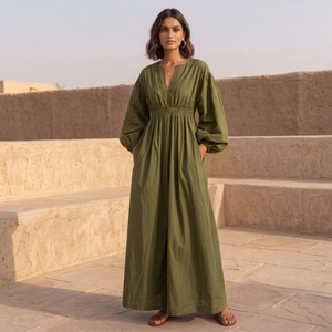 Robe longue maxi décontractée d'été en lin vert uni élégante à manches bouffantes, coupe ample, taille élastique et col en V - Product Image 1