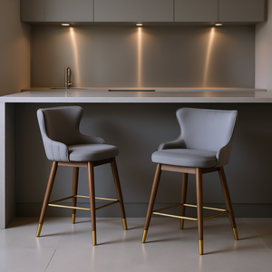 Ensemble de 2 tabourets de bar rembourrés en tissu gris Leland, base en bois de style moderne du milieu du siècle avec accents dorés - Product Image 2