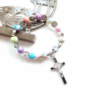 Wholesale Color Polymer Clay Rosary Beads Bracelet Hand String Elastic Bracelet With Cross Charm Beaded Bangles