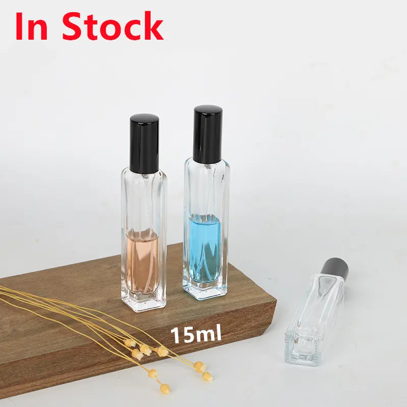 15 ml wholesale fillet shoulder square slim shape mini small mist spray refillable travel glass perfume bottle with metal cap