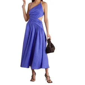 Custom Sexy Straps Tie Collar Ruched Asymmetrical Backless Maxi Slim Long Linen Party Dresses For Women