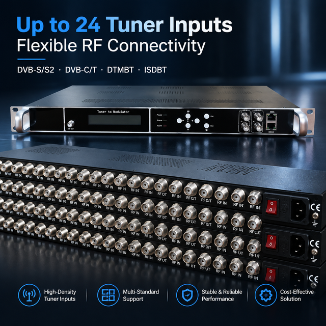 Tuner to Modulator All in One 4 8 12 16 24 Channel DVB-S2 DVB-C DVB-T ISDB-T Tuner Input IP ASI RF Output CATV Headend for Hotel
