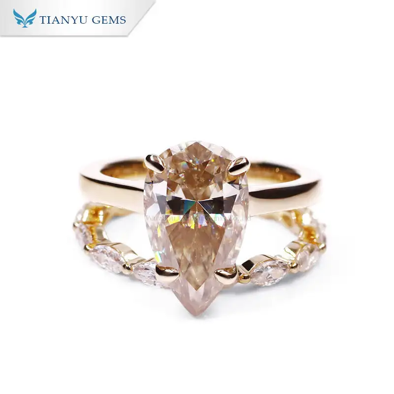 Tianyu-Conjunto de anillo de compromiso de oro amarillo de 14K, gemas de 13,5x8MM, Diamante de moissanita amarillo champán