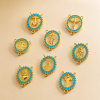 Breloques médailles catholiques plaquées or 18 carats avec strass bleus et connecteurs à double boucle pour la fabrication de bijoux de chapelet DIY