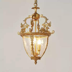 Oro francese Vintage antico ottone lanterna pranzo luce pendente Hotel corridoio lampada a candela di vetro di lusso lampadario - Product Image 1