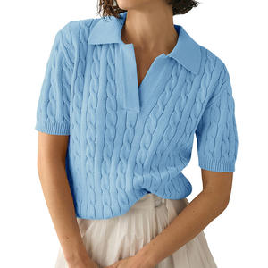 2025, prendas de <span class=keywords><strong>punto</strong></span> de manga corta de estilo coreano informal para mujeres <span class=keywords><strong>americanas</strong></span> europeas, tejido de Cable de Color puro para Polo para otoño con parte delantera L - Product Image 5