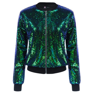 KC000097 OEM soporte manga larga cuello cremallera abrigo de las mujeres brillantes lentejuelas de béisbol chaquetas - Product Image 6