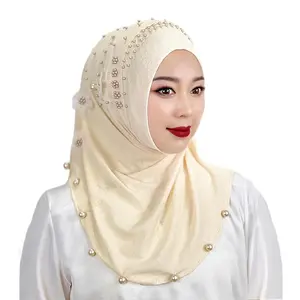 High Quality Muslim Pearl Shawl Pin Beaded Design Women Flower Instant Headscarf Islamic Satin Ladies Hijab