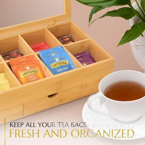 Boîte à thé en bambou avec 8 compartiments et tiroir extensible pour le rangement des sachets de thé - Product Image 4