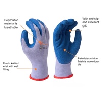 Gants de travail antidérapants SNELL en polycoton tricoté sans couture, calibre 10, avec paume et doigts enduits de latex froissé, pour la construction et l'entrepôt